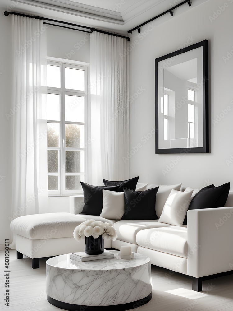 Fototapeta premium Mockup poster frame in minimalist living room interior background, interior mockup design, frame mockup