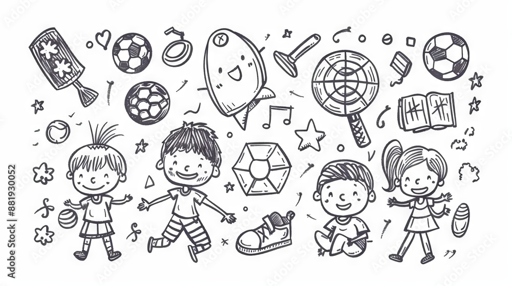 There are a group of children playing with balls, balloons, and other toys. They are all smiling and having fun. There are a group of children playing with balls, balloons, and other toys. They are all smiling and having fun.