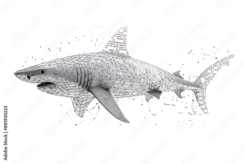 Fototapeta premium Shark made from binary code on a white background in a wireframe plexus style, blending technology and marine life artfully