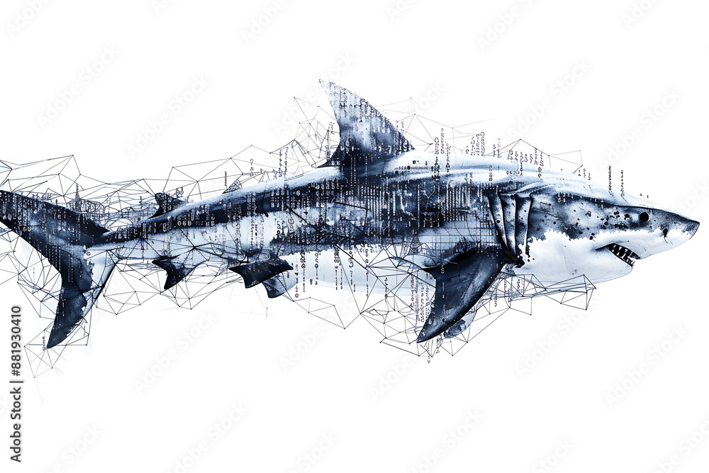Shark made from binary code on a white background in a wireframe plexus style, blending technology and marine life artfully Shark made from binary code on a white background in a wireframe plexus style, blending technology and marine life artfully