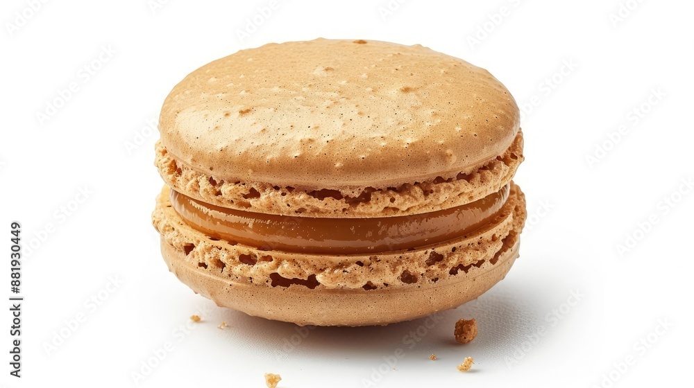 Detailed macro shot of a single caramel macaroon, isolated on white background. French pastry delicacy close-up. Sweet dessert