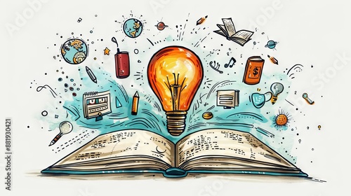 watercolor painting of an open book with a light bulb coming out of it. the light bulb is surrounded by various symbols of knowledge and creativity.