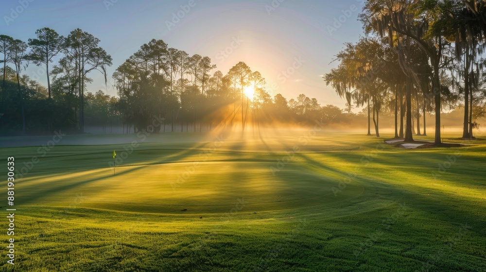 First light of day breaking over a tranquil golf course teeing ground First light of day breaking over a tranquil golf course teeing ground