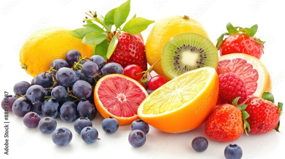 Fresh fruits including vibrant berries, citrus slices, and grapes, displayed beautifully against a white background Fresh fruits including vibrant berries, citrus slices, and grapes, displayed beautifully against a white background