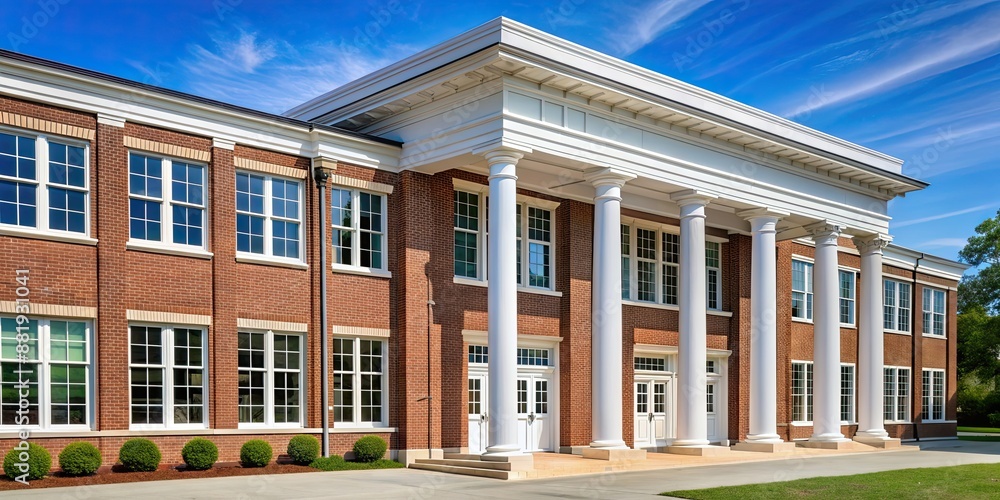 School building exterior with brick facade and white columns, school, building, exterior, architecture, brick, facade School building exterior with brick facade and white columns, school, building, exterior, architecture, brick, facade