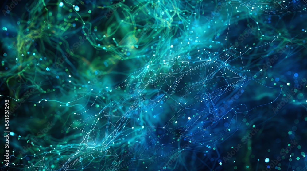 Abstract backdrop featuring network of glowing dots and lines in shades of blue and green creating unity and connection Abstract backdrop featuring network of glowing dots and lines in shades of blue and green creating unity and connection