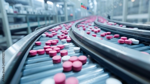 Tablets on a conveyor belt in a modern pharmaceutical plant