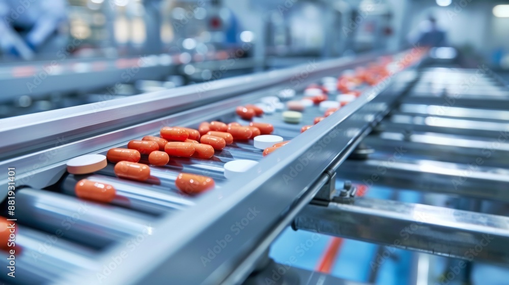 Tablets on a conveyor belt in a modern pharmaceutical plant Tablets on a conveyor belt in a modern pharmaceutical plant