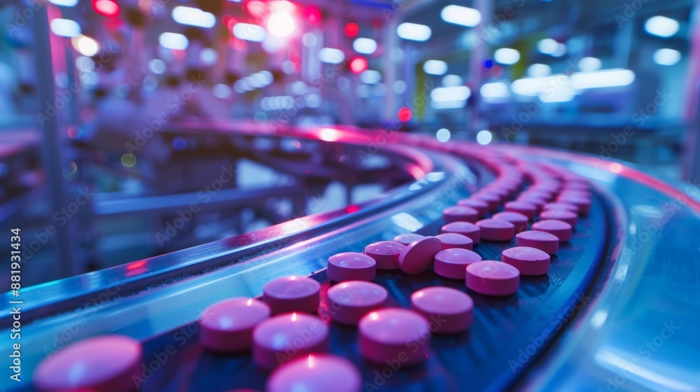 Tablets on a conveyor belt in a modern pharmaceutical plant Tablets on a conveyor belt in a modern pharmaceutical plant