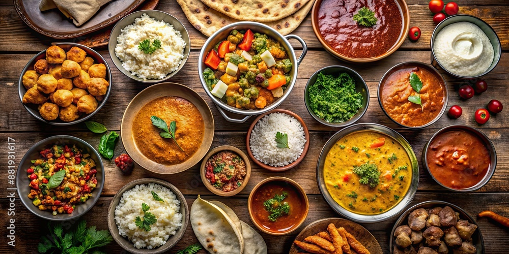 From above view of traditional Indian dishes showcasing the rich culinary heritage and culture of India, Indian, cuisine, food From above view of traditional Indian dishes showcasing the rich culinary heritage and culture of India, Indian, cuisine, food