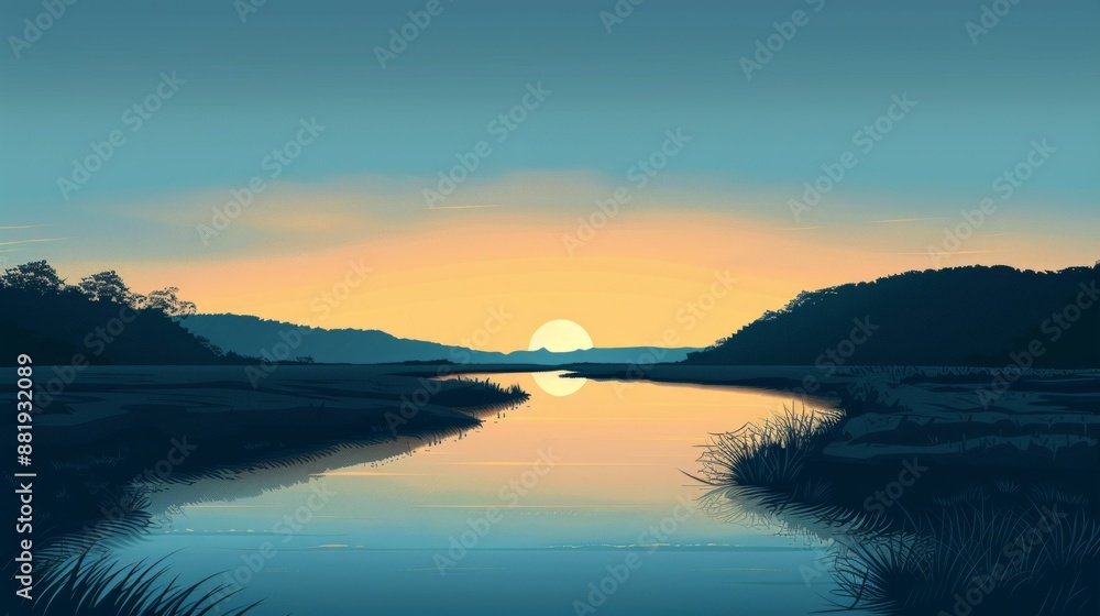 Obraz premium Serene Sunset Over a Tranquil River
