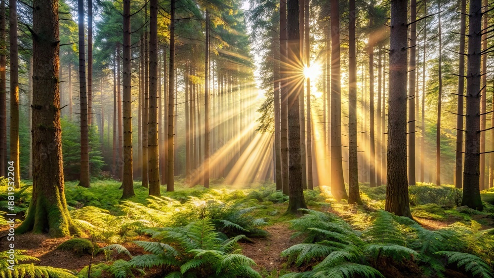 Obraz premium Old coniferous forest with undergrowth ferns, sunrays filtering through branches and trunks of trees, Coniferous forest