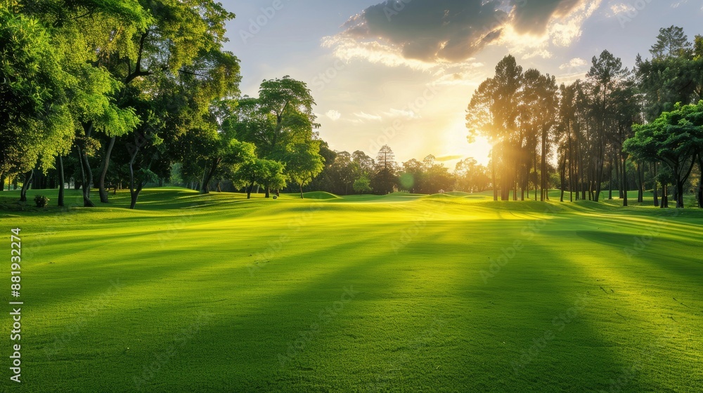Golf fairway landscape with vibrant green grass and tall trees under a bright sky Golf fairway landscape with vibrant green grass and tall trees under a bright sky