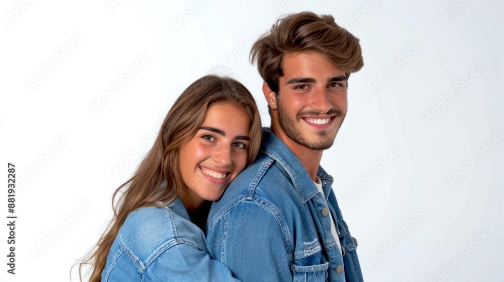 Happy young couple in casual denim. Smiling man and woman wearing blue jean jackets. Perfect image for fashion and lifestyle. Bright white background enhances the fresh, modern style. AI Happy young couple in casual denim. Smiling man and woman wearing blue jean jackets. Perfect image for fashion and lifestyle. Bright white background enhances the fresh, modern style. AI