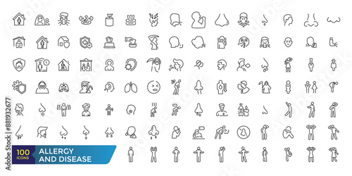 Allergy and disease icon set. Collection and pack of linear web and ui icons. Editable stroke. Vector illustration.