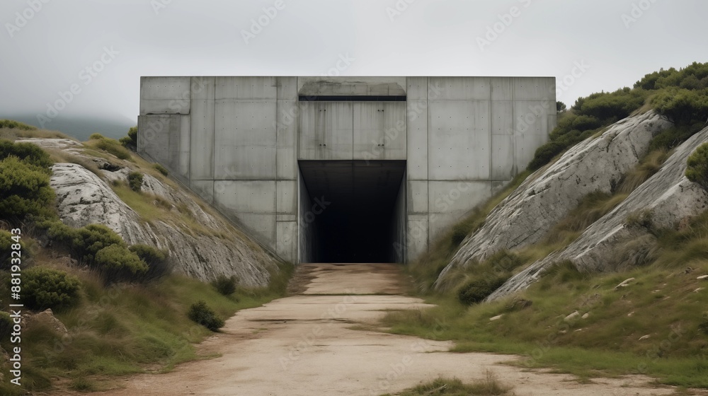 Hidden Concrete Bunker Entrance in a Rugged Mountain Landscape Hidden Concrete Bunker Entrance in a Rugged Mountain Landscape