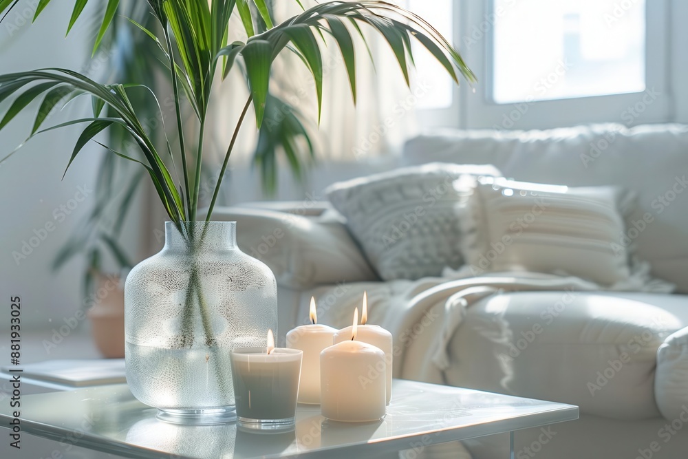 serene living room with minimalist decor featuring a sleek glass vase softly burning candles and lush green plants natural light enhances the calm contemporary aesthetic serene living room with minimalist decor featuring a sleek glass vase softly burning candles and lush green plants natural light enhances the calm contemporary aesthetic