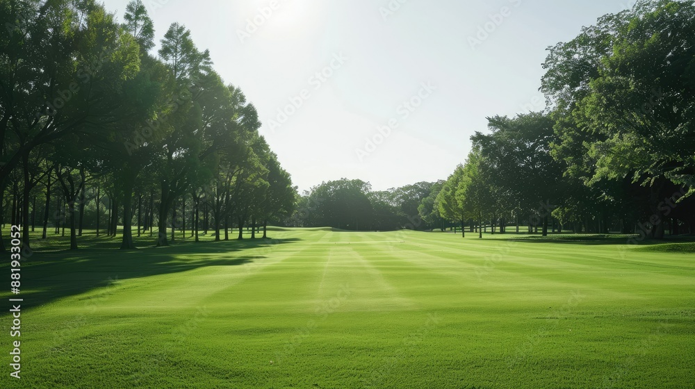 Green golf fairway with tree-lined edges under a clear and sunny sky Green golf fairway with tree-lined edges under a clear and sunny sky