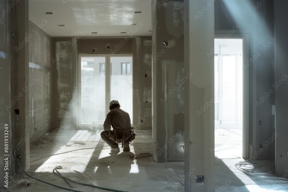 Worker installing plasterboard (drywall) for gypsum and tape in walls in apartment basement or home under construction, remodeling, renovation, extension, restoration and reconstruction. Worker installing plasterboard (drywall) for gypsum and tape in walls in apartment basement or home under construction, remodeling, renovation, extension, restoration and reconstruction.