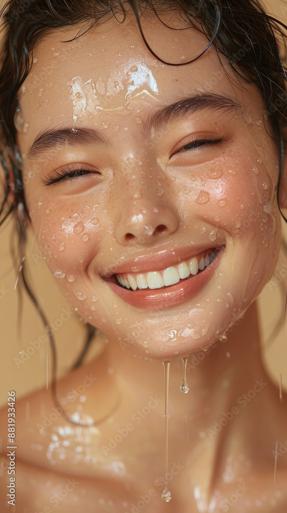 Close up of smiling Asian woman face with fresh shower water dripping from her face for beauty editorial aesthetic on beige neutral color background Close up of smiling Asian woman face with fresh shower water dripping from her face for beauty editorial aesthetic on beige neutral color background