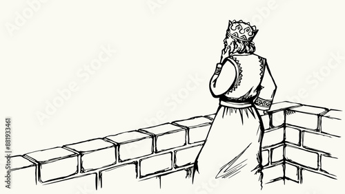 Vector drawing. King David on the roof of palace