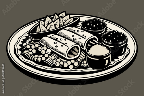 A detailed illustration of a Mexican food platter with enchiladas, rice, and beans, vector silhouette black color illustration 