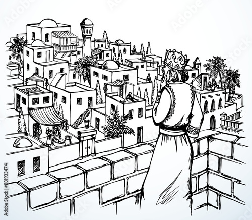 Vector drawing. King David on the roof of palace