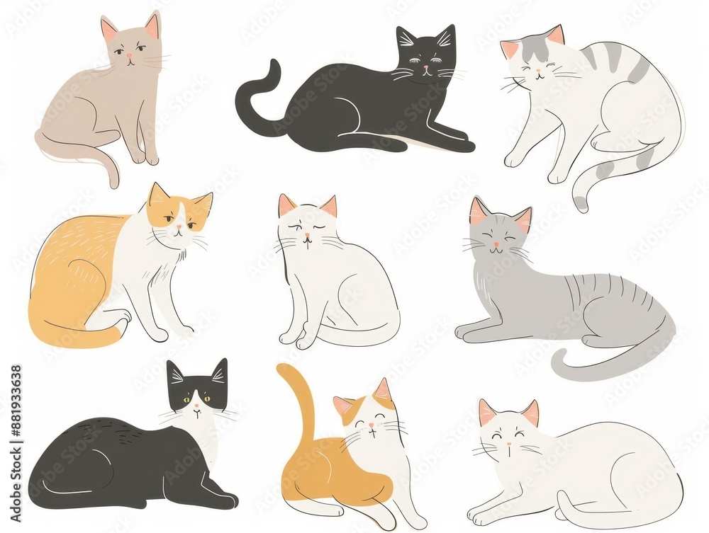 Cats in various poses, pure white background, minimalist style, simple lines, soft colors Cats in various poses, pure white background, minimalist style, simple lines, soft colors