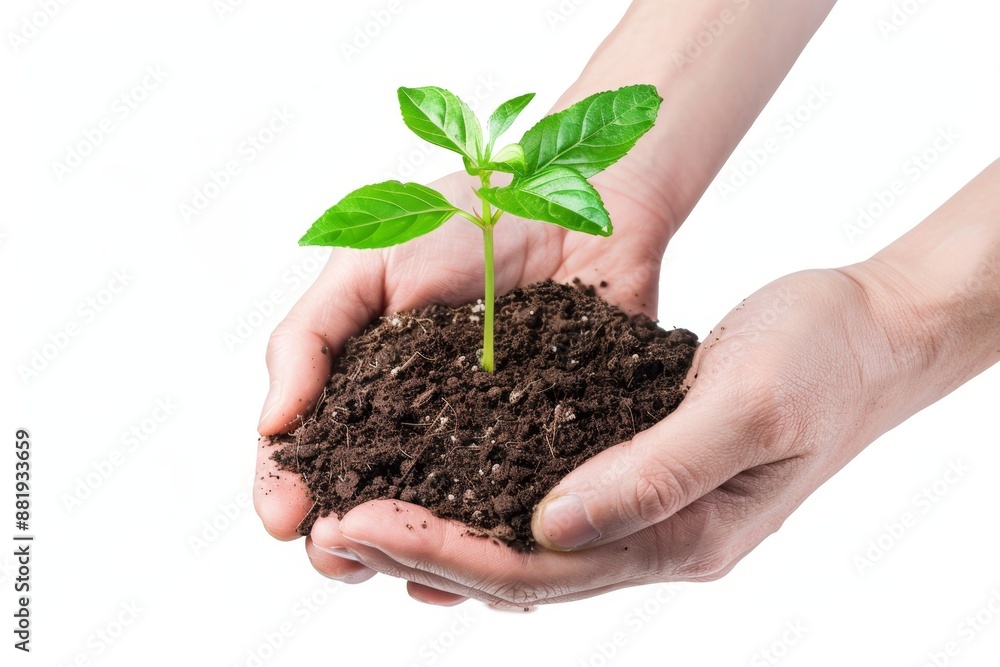 Hands holding a small green plant seedling in soil. A close-up symbolic image of nurturing growth. Ideal for environmental and ecological themes. White background for emphasis. Generative AI Hands holding a small green plant seedling in soil. A close-up symbolic image of nurturing growth. Ideal for environmental and ecological themes. White background for emphasis. Generative AI