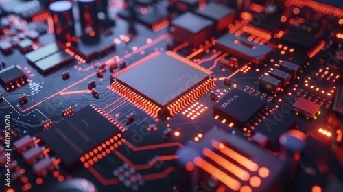 Close-up of a Circuit Board with Glowing Red Lines