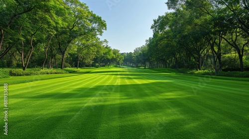 Lush green golf fairway with perfectly manicured grass, surrounded by trees, under a clear sky
