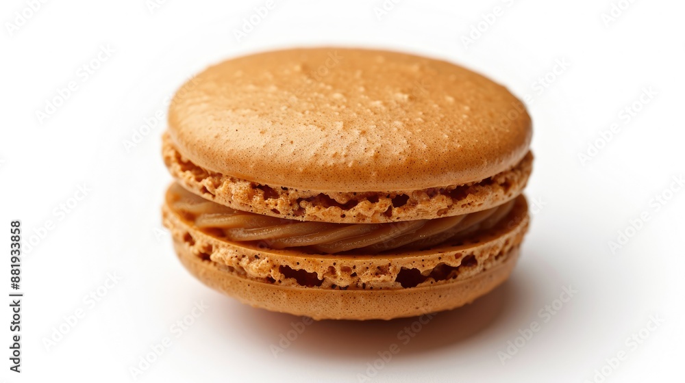 Macro shot of a delicious French caramel macaroon, isolated on a white background. Sweet and flavorful dessert close-up view Macro shot of a delicious French caramel macaroon, isolated on a white background. Sweet and flavorful dessert close-up view