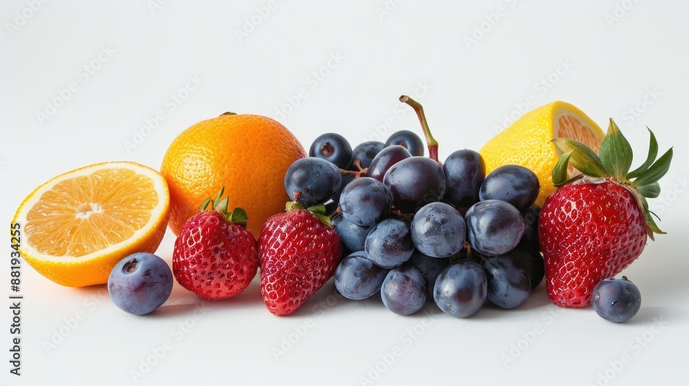 Neatly arranged fresh berries, citrus fruits, and grapes, isolated against a white backdrop Neatly arranged fresh berries, citrus fruits, and grapes, isolated against a white backdrop