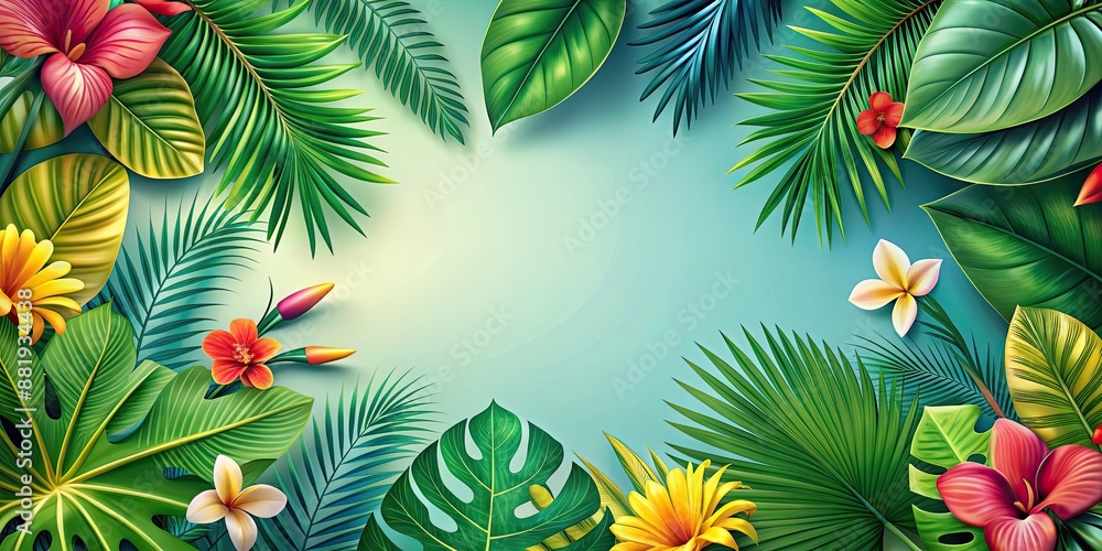 Tropical leaf background with modern floral elements in a vibrant summer theme , tropical, leaf, plants, flowers, floral Tropical leaf background with modern floral elements in a vibrant summer theme , tropical, leaf, plants, flowers, floral