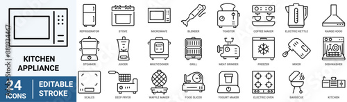 Kitchen appliance line web icon. Oven, mixer, dishwasher, food processor, vector illustrations. Editable Strokes