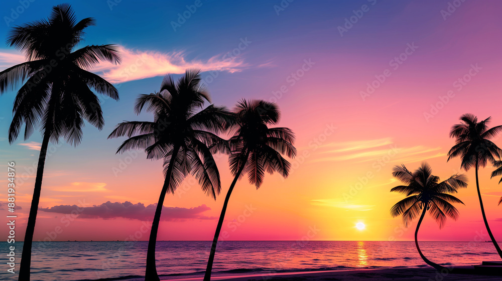 Colorful sky with palm trees, sunset on a tropical beach in the evening Colorful sky with palm trees, sunset on a tropical beach in the evening