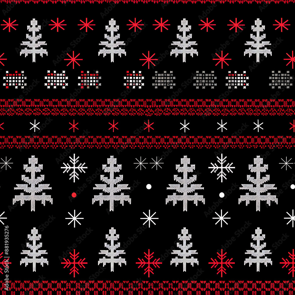 Christmas geometric black knit ornament with trees and snowflakes seamless background pattern Christmas geometric black knit ornament with trees and snowflakes seamless background pattern
