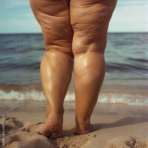 Cellulite legs of a fat woman girl doing tan physical activity in the summer sand sea beach vacation resort photo