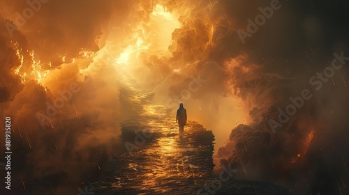 A lone figure walks through a surreal, fiery landscape with dramatic clouds and vivid colors, evoking a sense of mystery and adventure