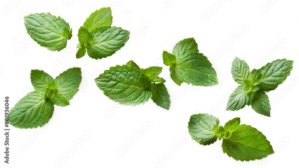 A visually appealing image featuring fresh mint leaves floating in mid-air against a transparent background. A visually appealing image featuring fresh mint leaves floating in mid-air against a transparent background.