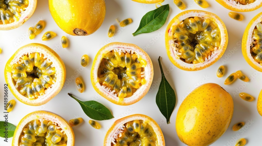 Top view of whole and sliced passion fruits, displaying vibrant pulp and seeds, against a white background Top view of whole and sliced passion fruits, displaying vibrant pulp and seeds, against a white background