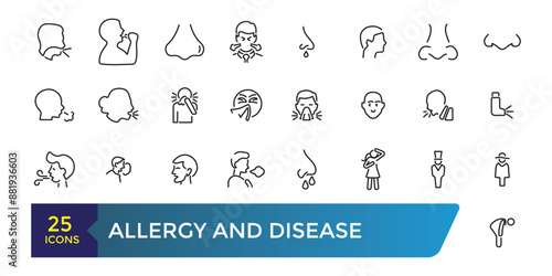 Allergy and disease icon set. Collection and pack of linear web and ui icons. Editable stroke. Vector illustration.