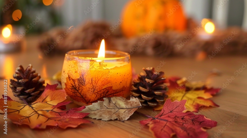 A Burning Candle Surrounded By Autumn Leaves And Pinecones A Burning Candle Surrounded By Autumn Leaves And Pinecones