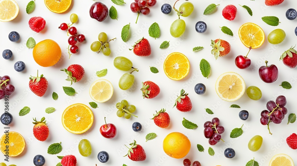 Vibrant assortment of fresh berries, citrus, and grapes, arranged in a neat pattern against a white backdrop