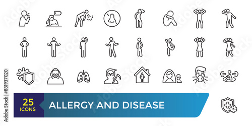 Allergy and disease icon set. Collection and pack of linear web and ui icons. Editable stroke. Vector illustration.