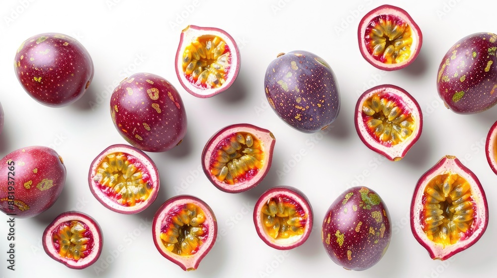Whole passion fruits and halves showcasing the juicy interiors, arranged on a clean white background Whole passion fruits and halves showcasing the juicy interiors, arranged on a clean white background