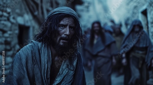 Cinematic photographs of Jesus, son of God, being tortured by cruel ancient Roman soldiers