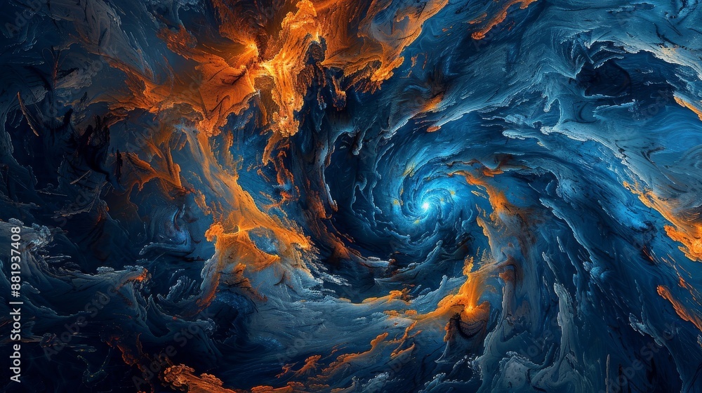 Deep blue and orange background with swirling weather system shapes Deep blue and orange background with swirling weather system shapes