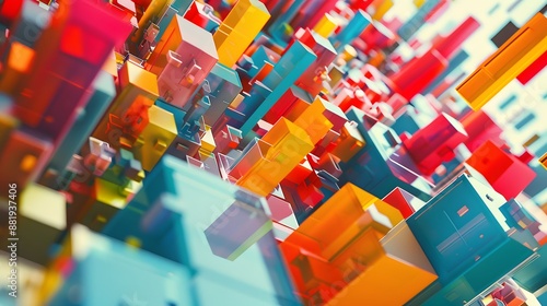 Abstract Colorful Geometric Cityscape with Vibrant 3D Blocks and Shapes © Siwakon