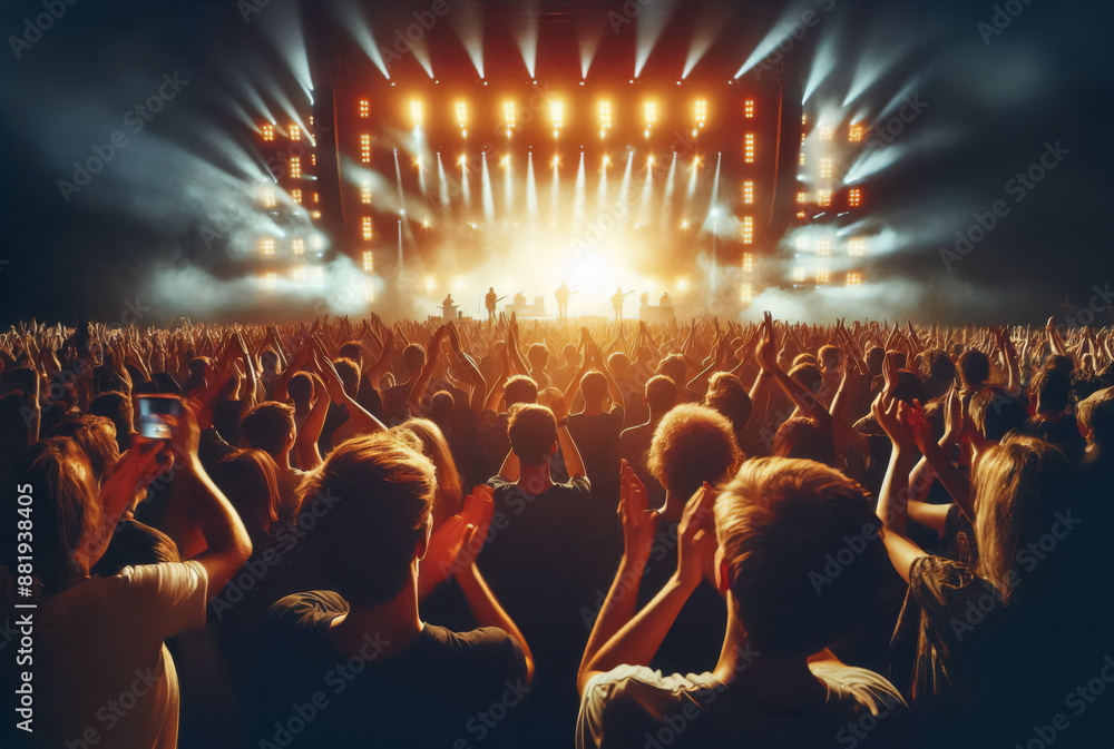 © Lucian - concert, music festival, people with the back clapping their hands above the head, lit stage, view from the back